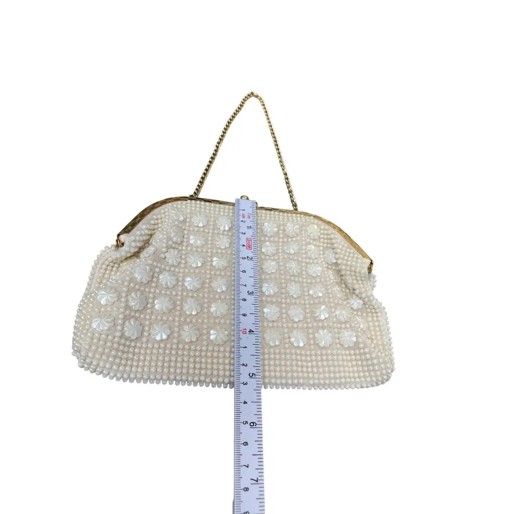 Vintage Honk Kong Pearl Flower Beaded Evening Clutch Purse SKU 9477 White - Image 6