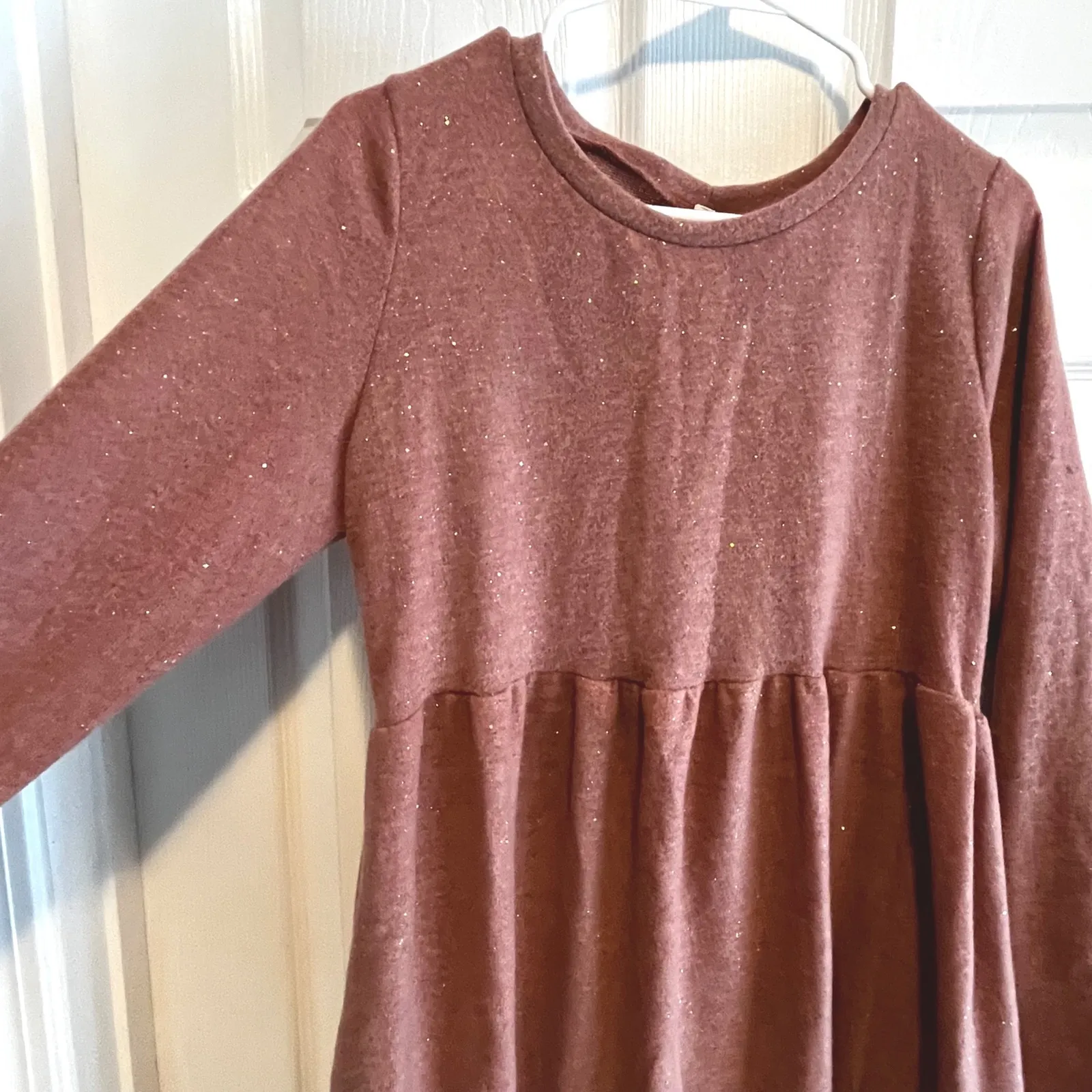 Pink Blush Rust Glitter Long Sleeve Soft Empire Waist Mini Dress Women Large Brown - Image 6