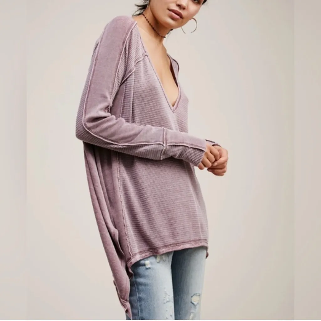 Free People Free Pacific Thermal V-neck Long Sleeve Distressed Shirt Oversize S - Image 3