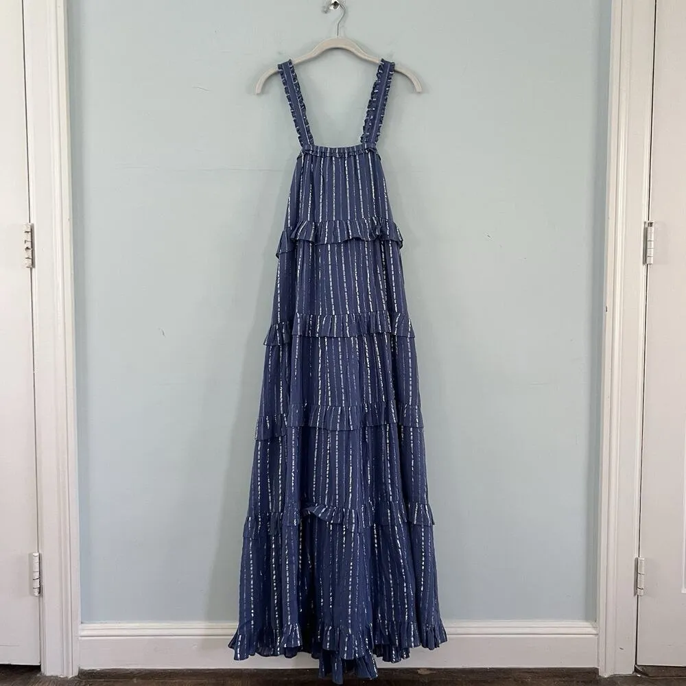 NWT Bindu Melita Navy Blue Metallic Stripe Cotton Maxi Dress Size L - Image 2