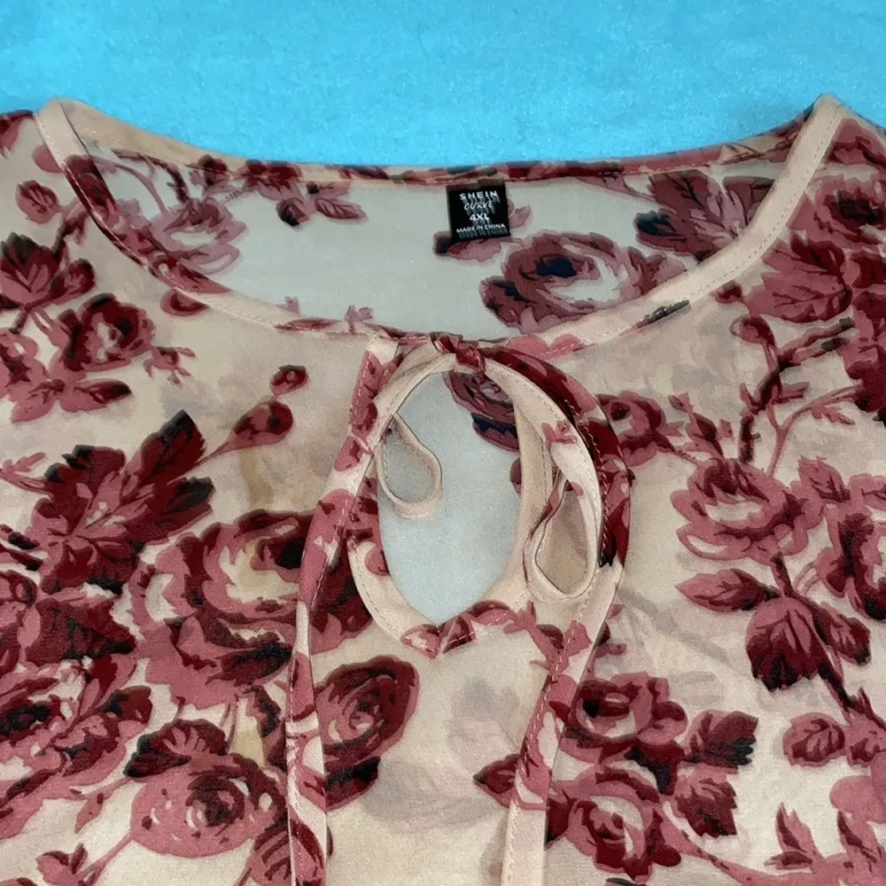 SHEIN Curve floral semi sheer blouse elastic at wrists puffy long sleeve size 4X - Image 5