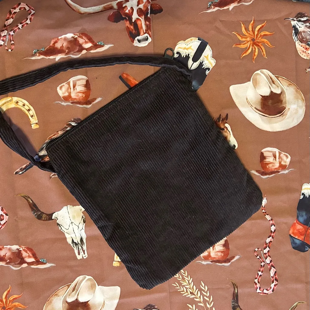 Sunflower Aztec Print Peace Sign Corduroy Boho Bag Brown - Image 2