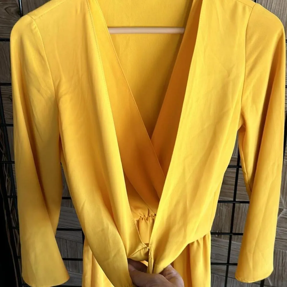 Topshop Tiffany Knot Dress Sz 2 Mustard Yellow Layered V Neck - Image 3