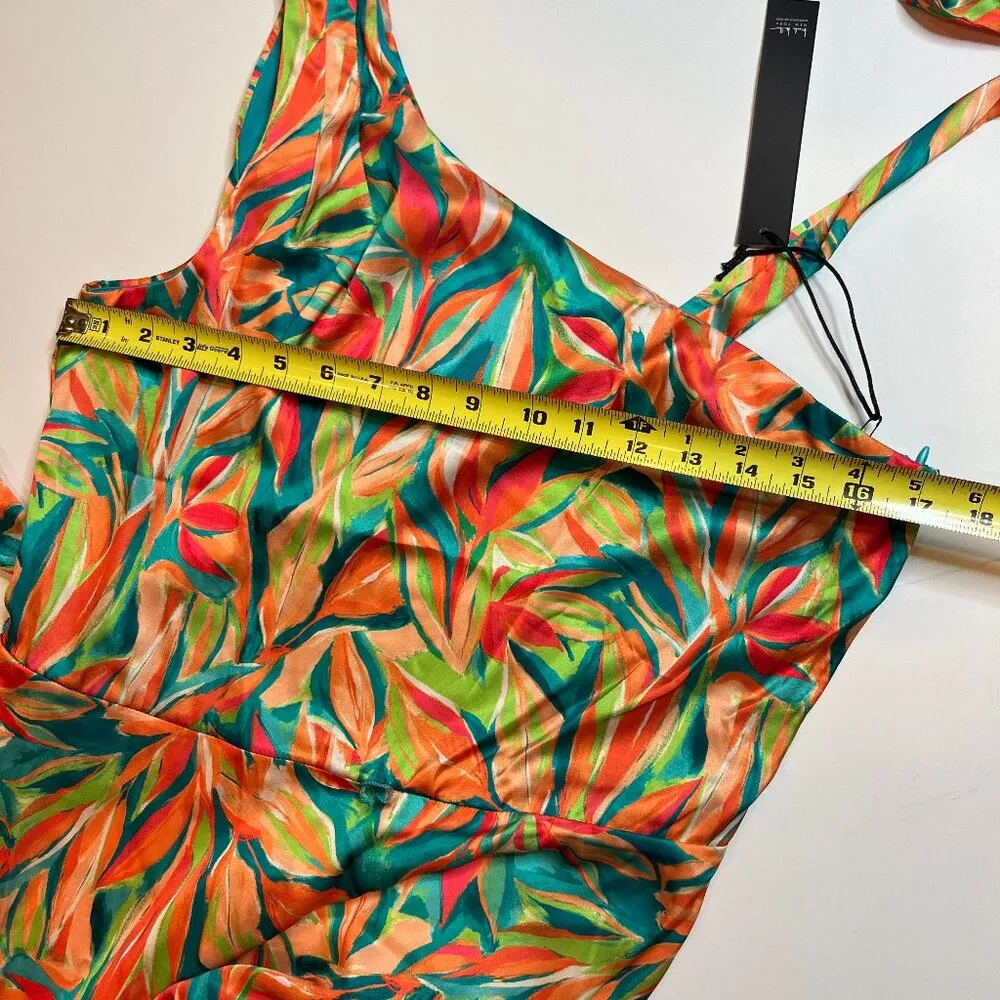 NICOLE MILLER Tropical One Shoulder Maxi Front Slit Dress Fancy Belted 8 Satin - Image 10