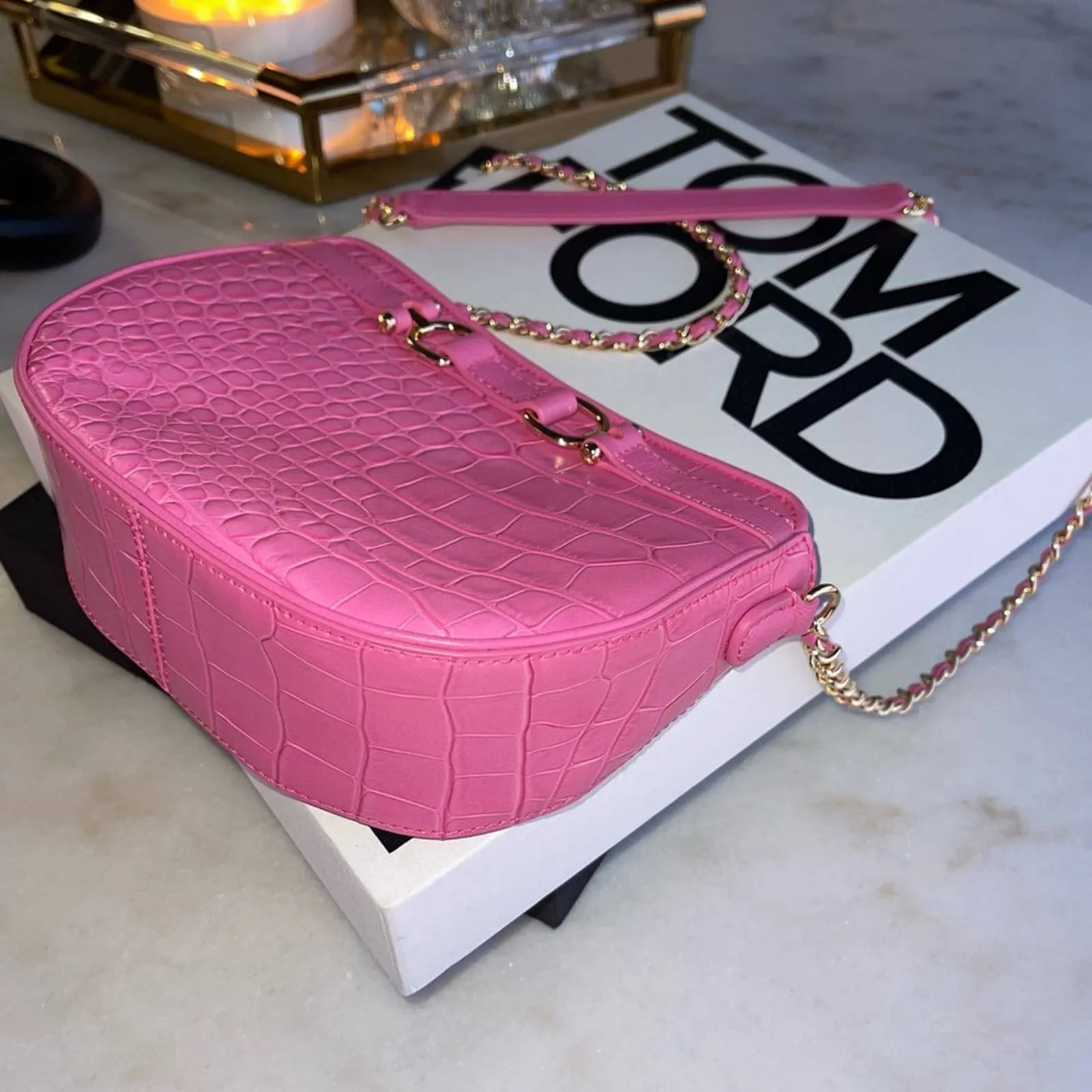 New Talbots Pink Leather Croc Embossed Crossbody Bag - Image 6