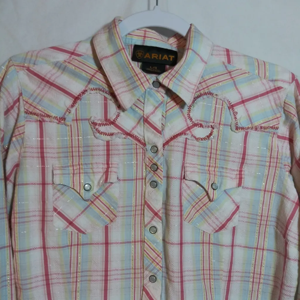 Ariat Plaid Western Pearl Snap Button Up Shirt Workwear Rodeo Womens Size L - Image 2
