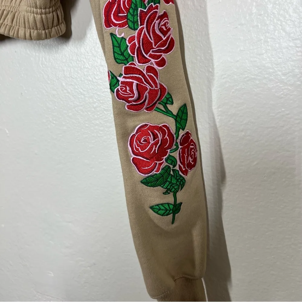 OWNYC Tan Embroidered Roses Hooded Cropped Zip - Image 13