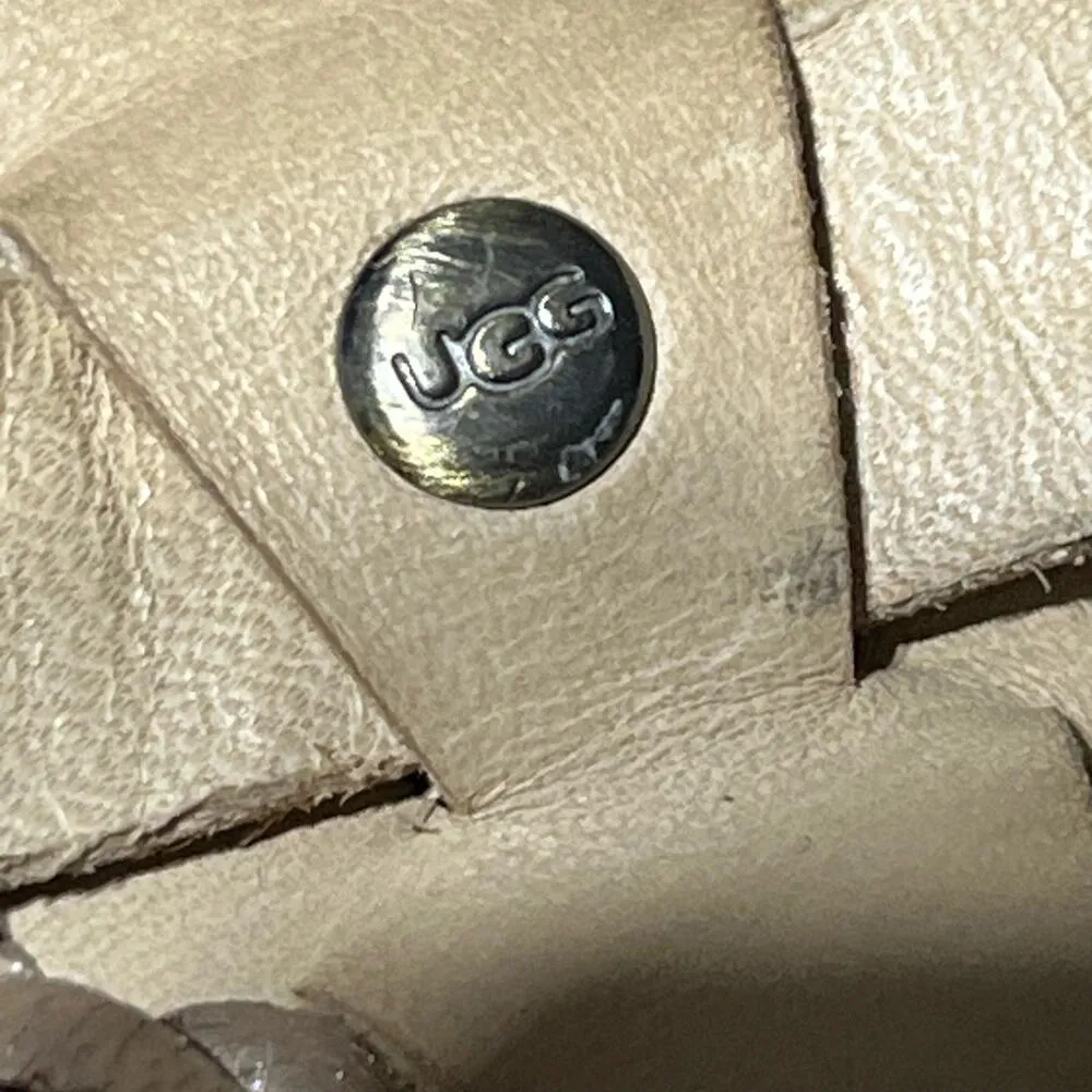 UGG Sandals Womens 8 Tan Leather Maddie Wedge Cork Slip On Braided Strap Comfort - Image 13