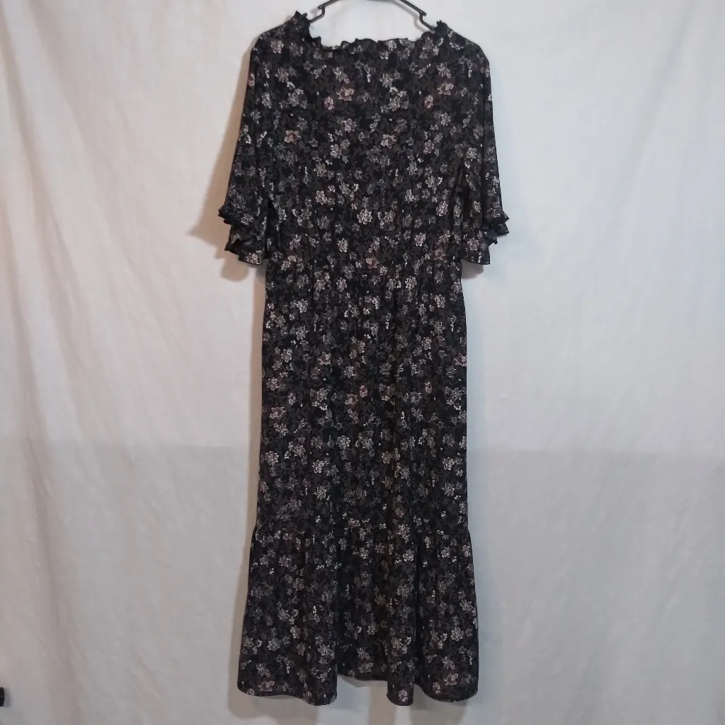 Suzanne Betro Dark Floral Black Ruffle Midi Dress Short Sleeves Size L - Image 8