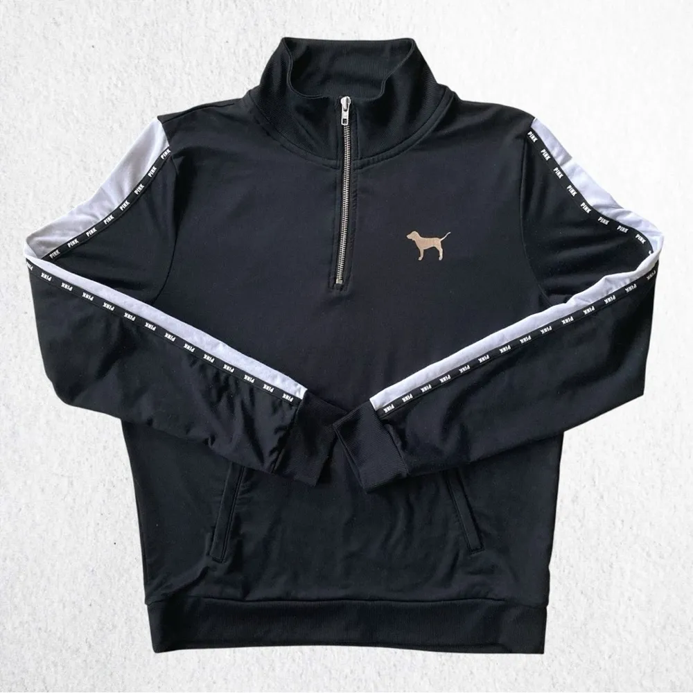 VS Glare Pink Logo Women’s L Black Track Pullover with White Stripes Y2K - Image 2