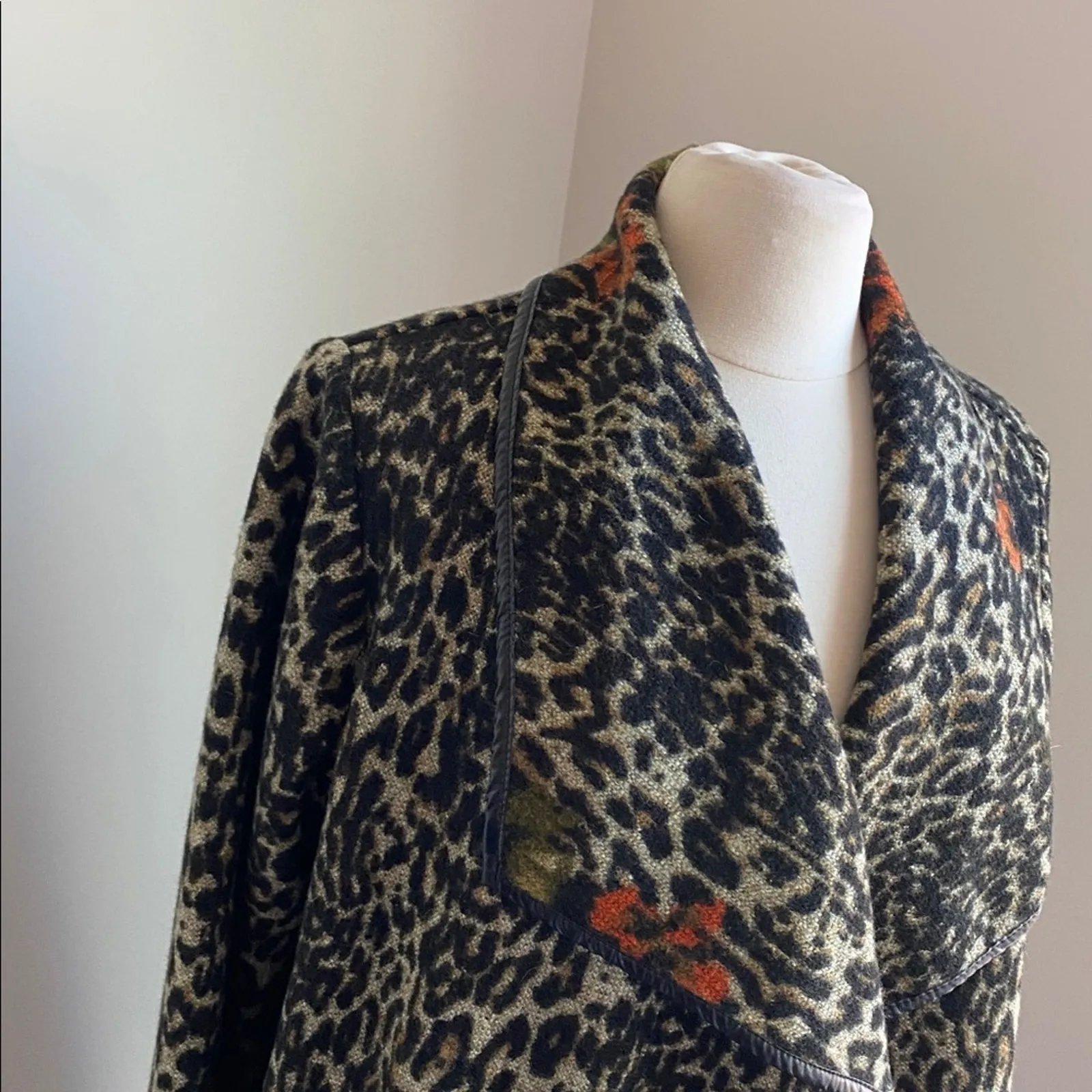 Leopard Print Sweater Coat Size XL Brown Red Floral Open Front Wool Blend - Image 2