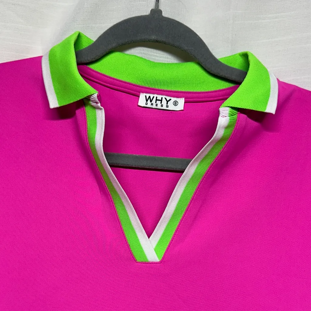 WHY Polo Mini Dress Large Stretch Fushia Pink Preppy MSRP 89 - Image 2