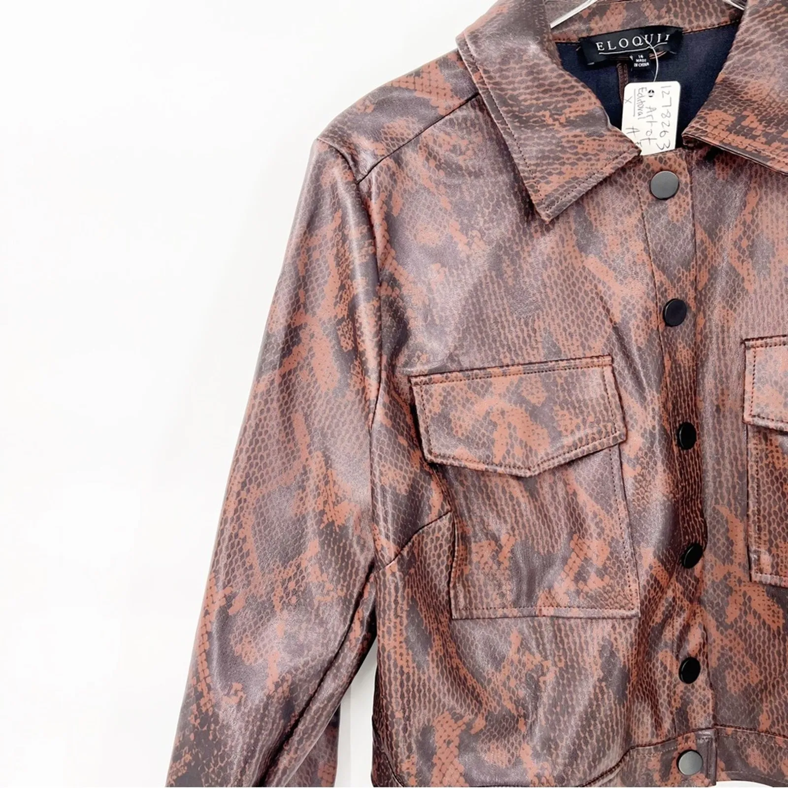 NWT Eloquii Cropped Snakeskin Vegan Faux Leather‎ Jacket 14 Brown - Image 6