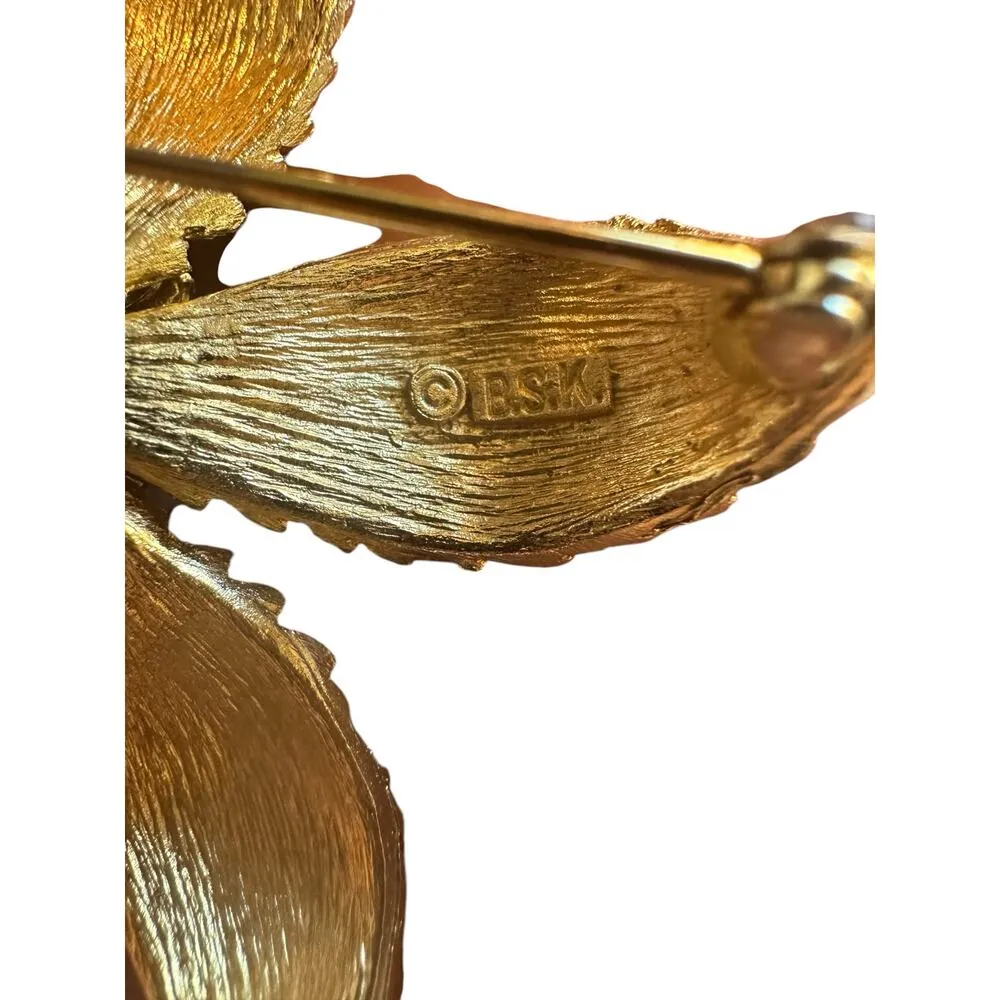 BSK Golden Textured Flower Brooch Pin Vintage - Image 3