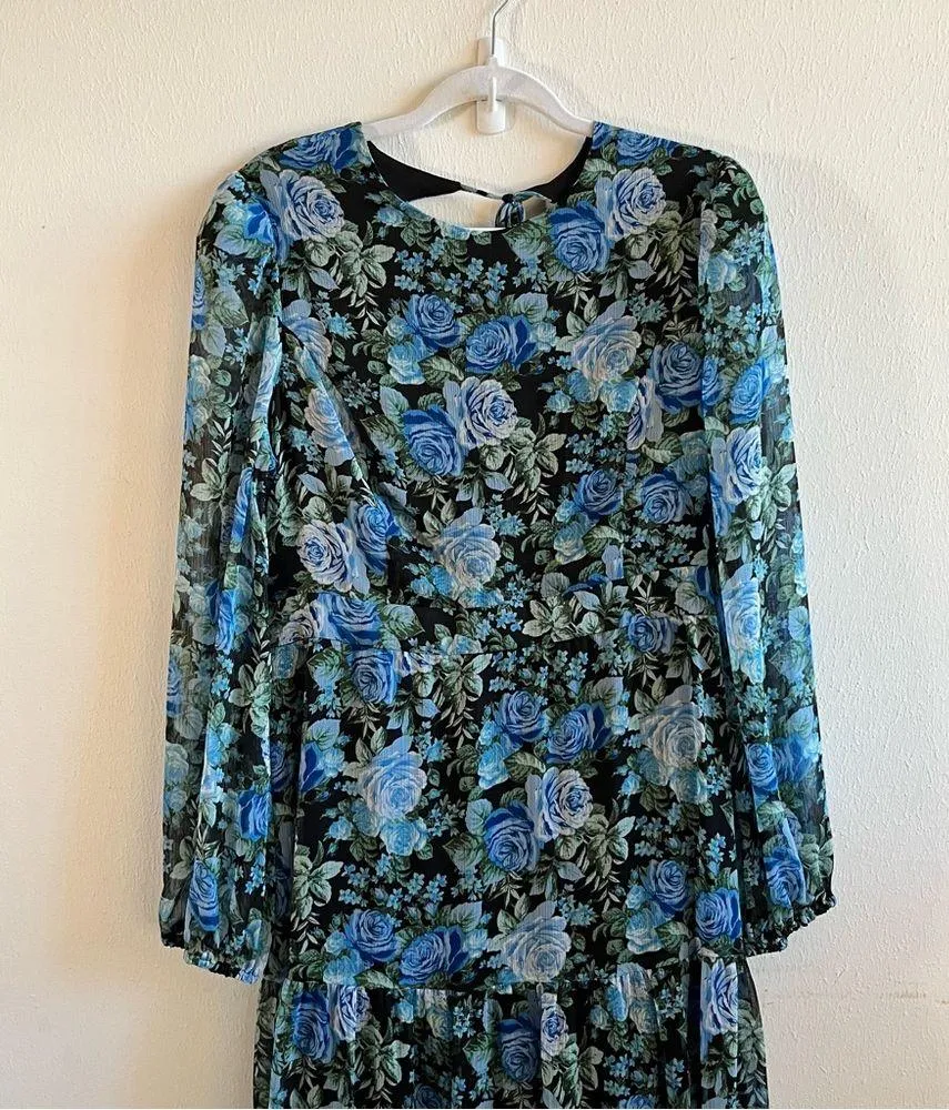 WAYF Dress Blue Floral Print Long Blouson Sleeve Open Back Tiered Midi Sz L NWT - Image 6