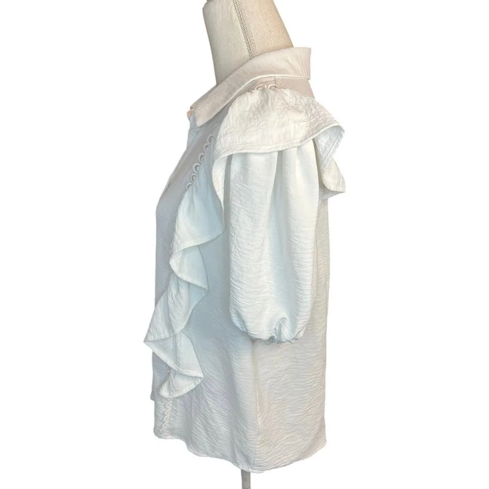 Alice blue white ruffle button down blouse neutral minimalist  casual spring - Image 4