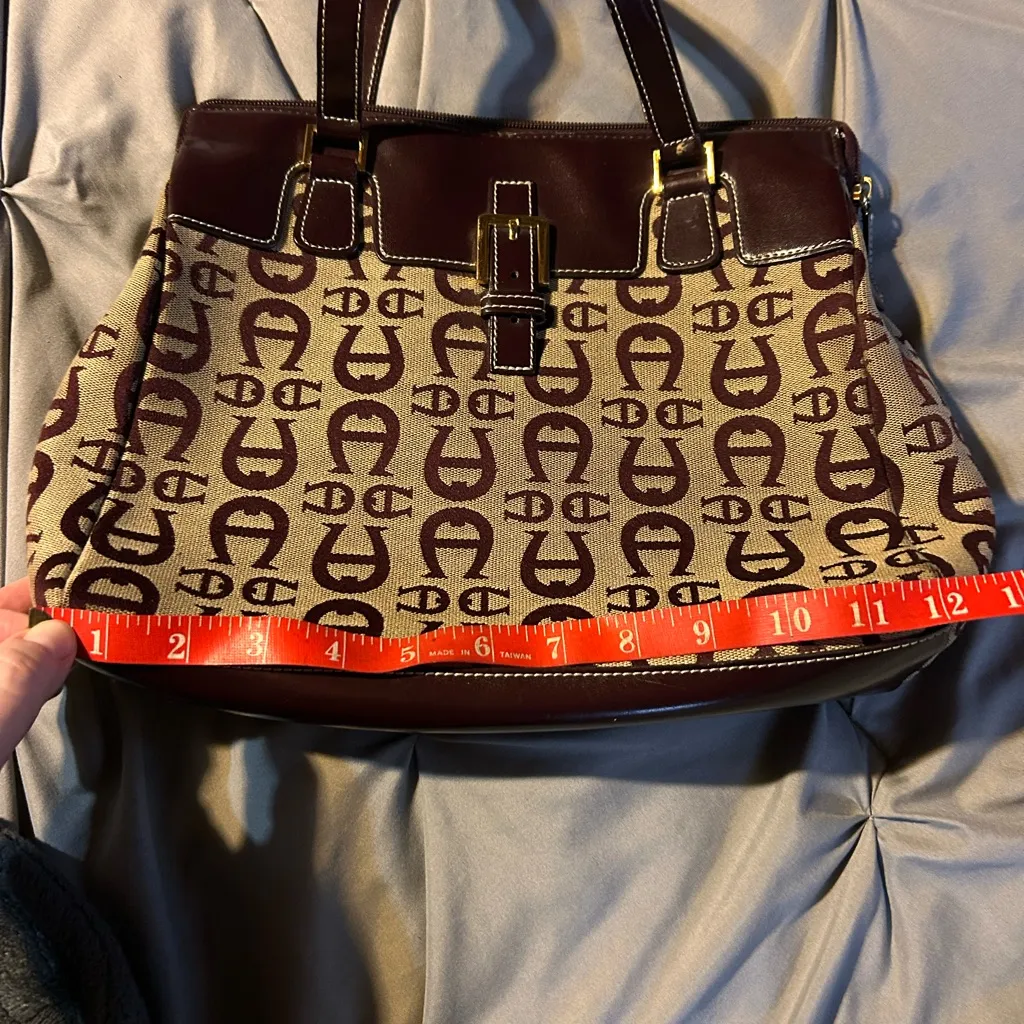 Vtg Etienne Aigner Tan Brown Logo Fabric Leather Bag Purse Shoulder Bag 12x10 - Image 3
