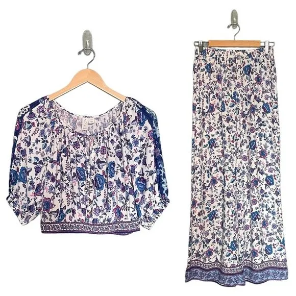NWT Joie Floral Crop Top & Wide Leg Boho Pant Set Blue Purple Women’s Size Small - Image 3