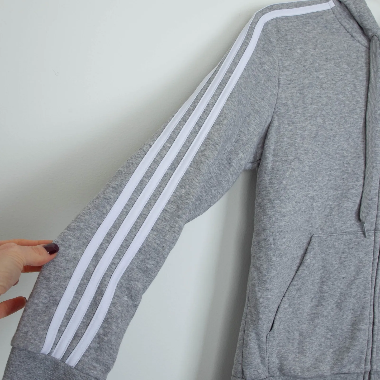 Adidas Womens Grey Full Zip Athletic Hoodie with White Stripes Size M Fleece Gym - Image 4