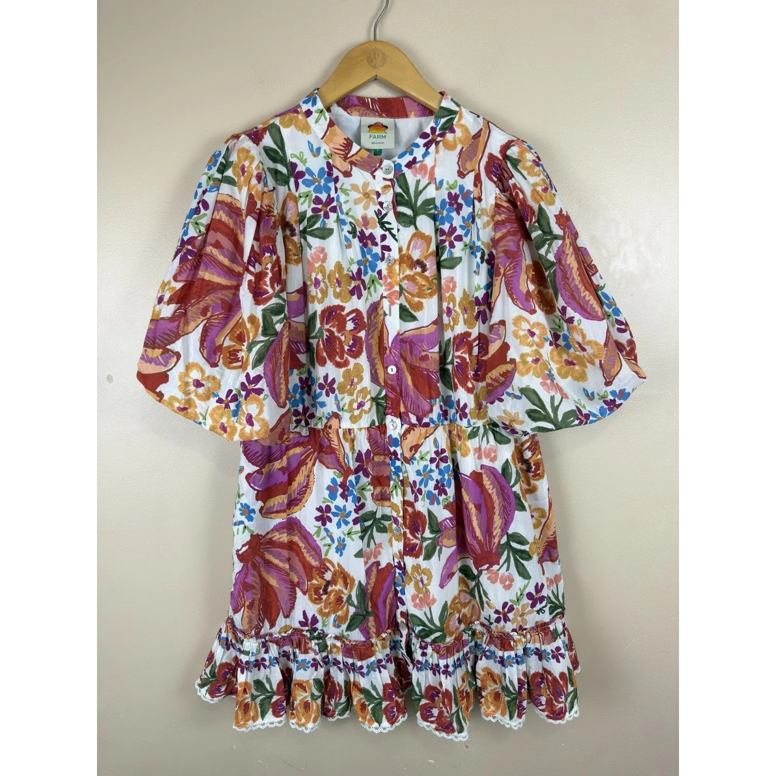Farm Rio Spring Bananas Mini Dress Women’s Size L Floral Print with Puff Sleeves - Image 2