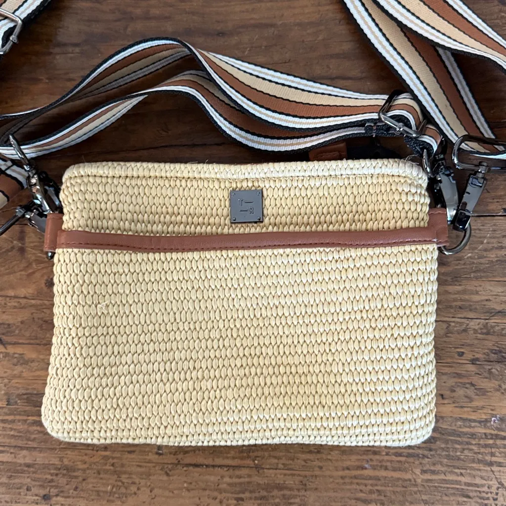 Think Royln Dune Saddle Raffia Bum Bag Striped Adjustable Strap Tan - Image 2