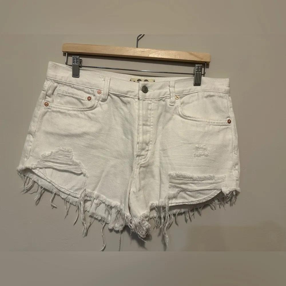 Free People We The Free Loving Good Vibrations Distressed Denim Shorts White - Image 3