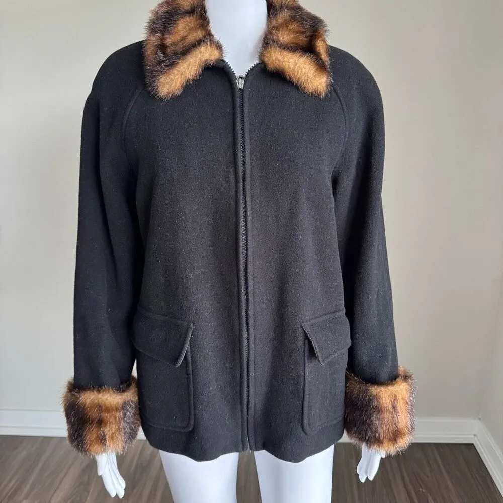 VTG Y2K Cozy Wool Faux Fur Trim Coat Size M Black Size M - Image 2