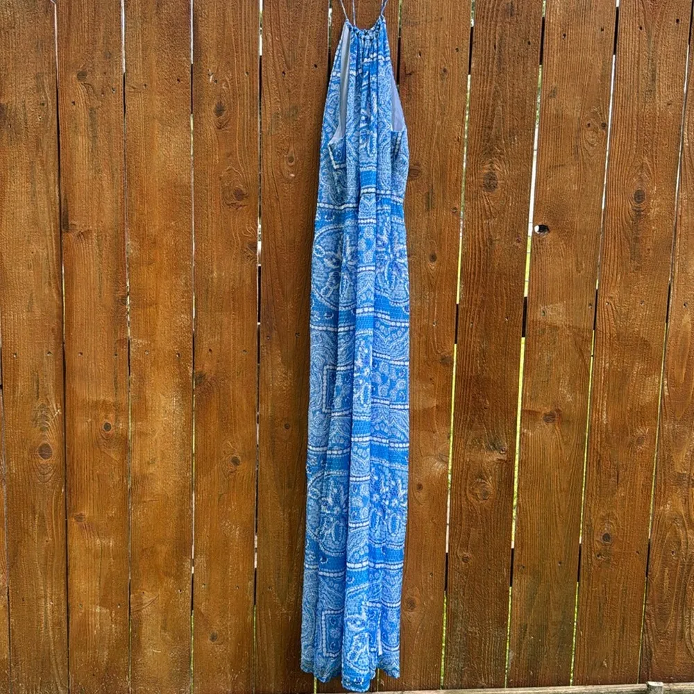 Vineyard Vines Sand Dollar Scarf Print Maxi Dress White Blue Womens 12 Side Slit - Image 3