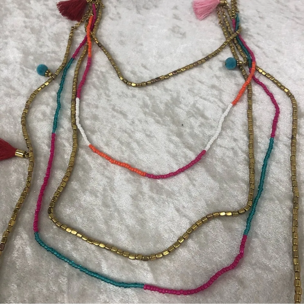 Plunder gold tone beaded multi strand necklace colorful bright tassels pompoms - Image 4
