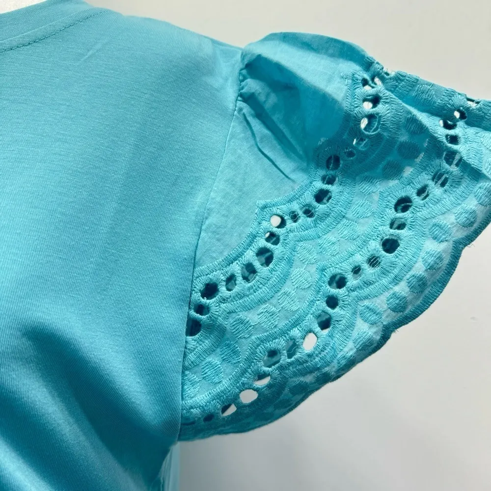 Jasmine Lace Top Teal Flutter Lace Cap Sleeve Knit Crewneck Top by Claudia G Size M - Image 4