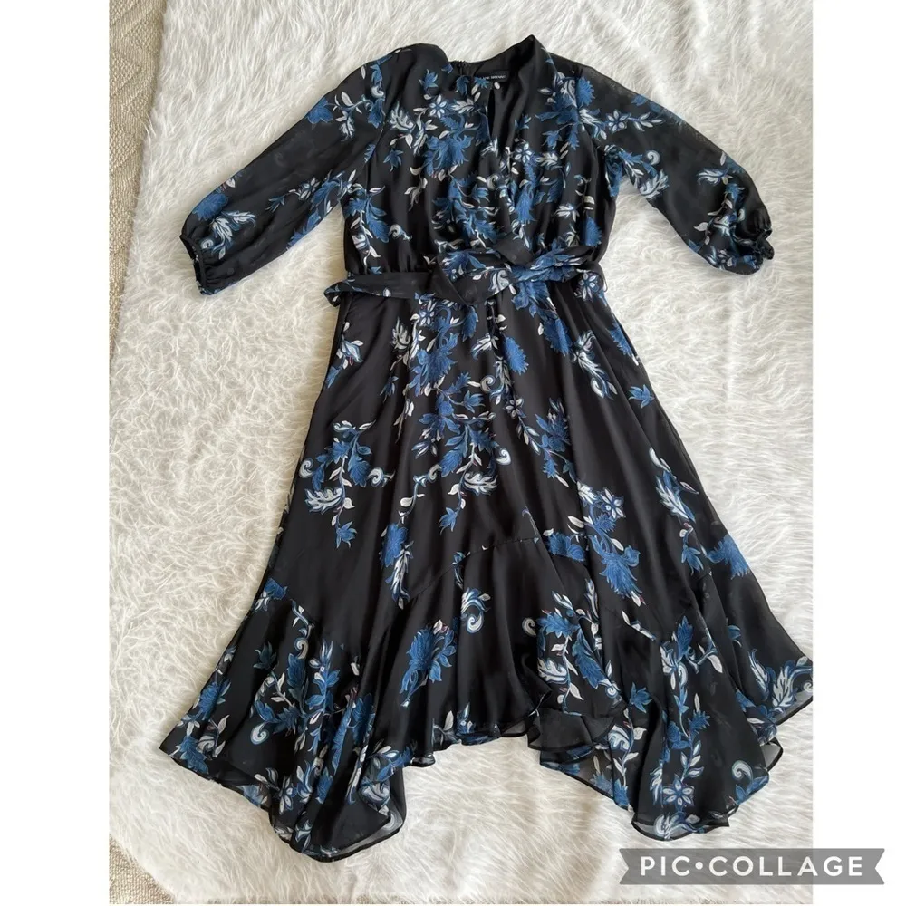 Lane Bryant Dress Midi Floral Asymmetrical Blue Black 14 Cocktail Garden Chic - Image 15