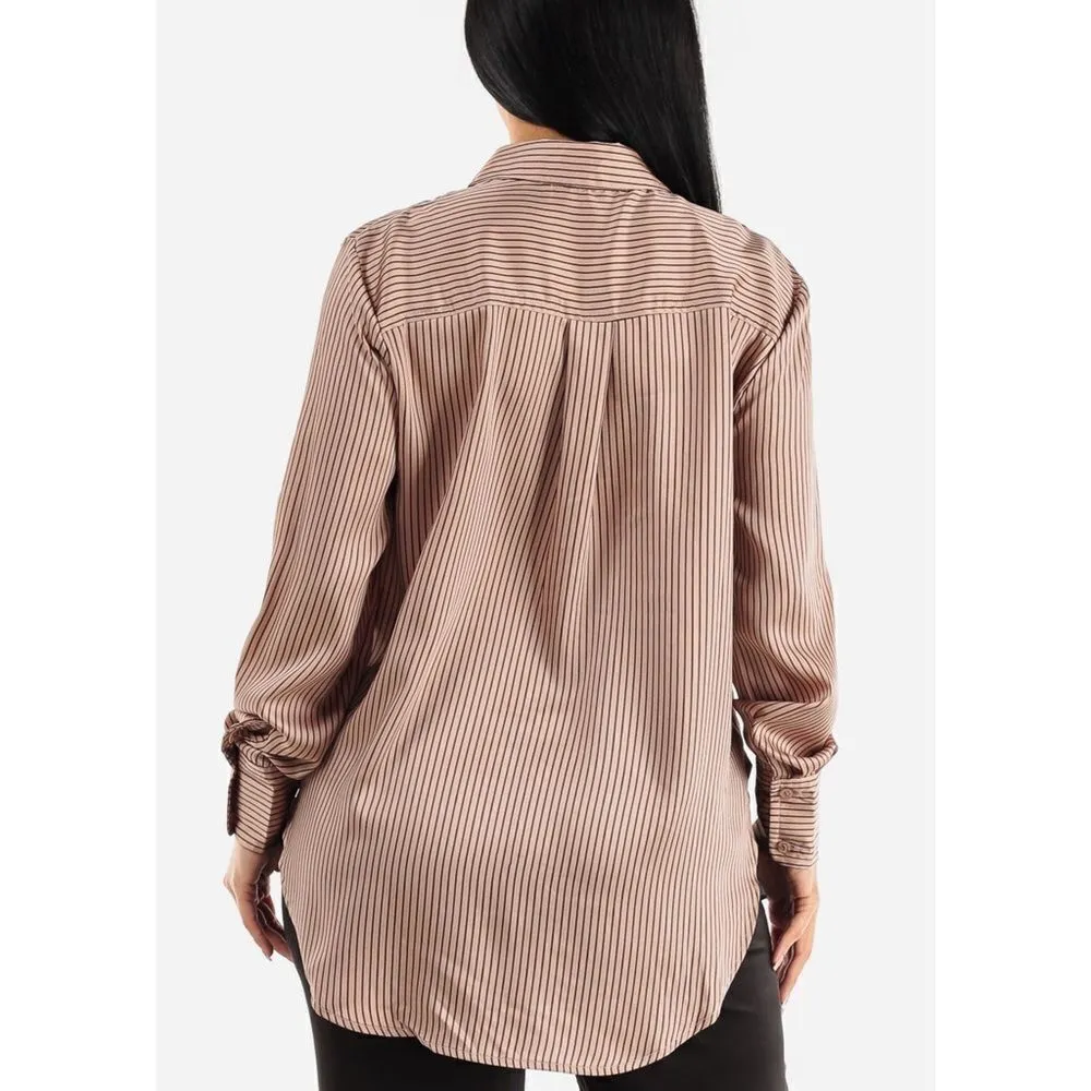 The Workshop Satin Pinstripe Oversized Button Up Shirt Mocha Medium Boyfriend Tan - Image 6