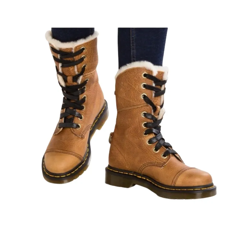 DR. MARTENS Aimilita Fur Lined Grizzly Leather Combat Boots Women 9 Brown Trendy - Image 2