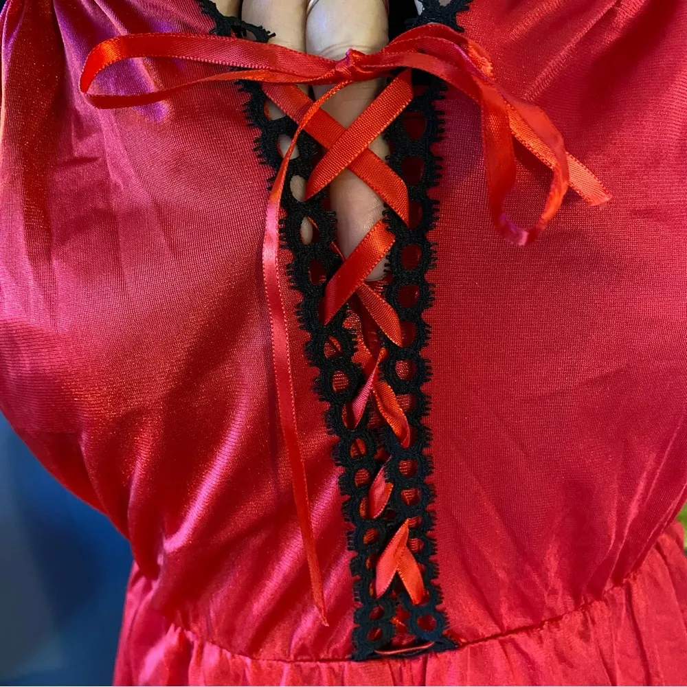 Vintage 70s Lady Cameo Lingerie Harley Quinn Red and Black Lace Nylon Jumpsuit - Image 5