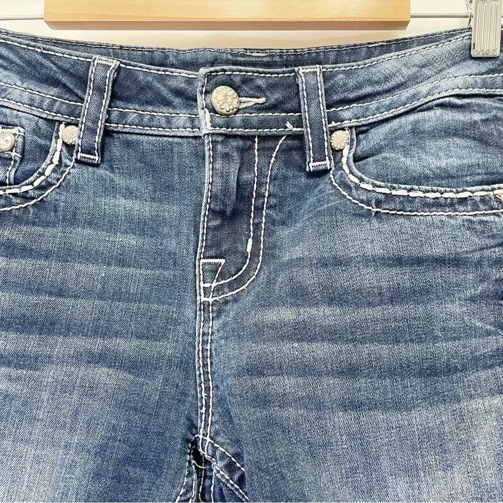 Miss Me Mid-Rise Mid Length Shorts Medium Wash Bling Cut-off Jean Shorts Size 28 - Image 6