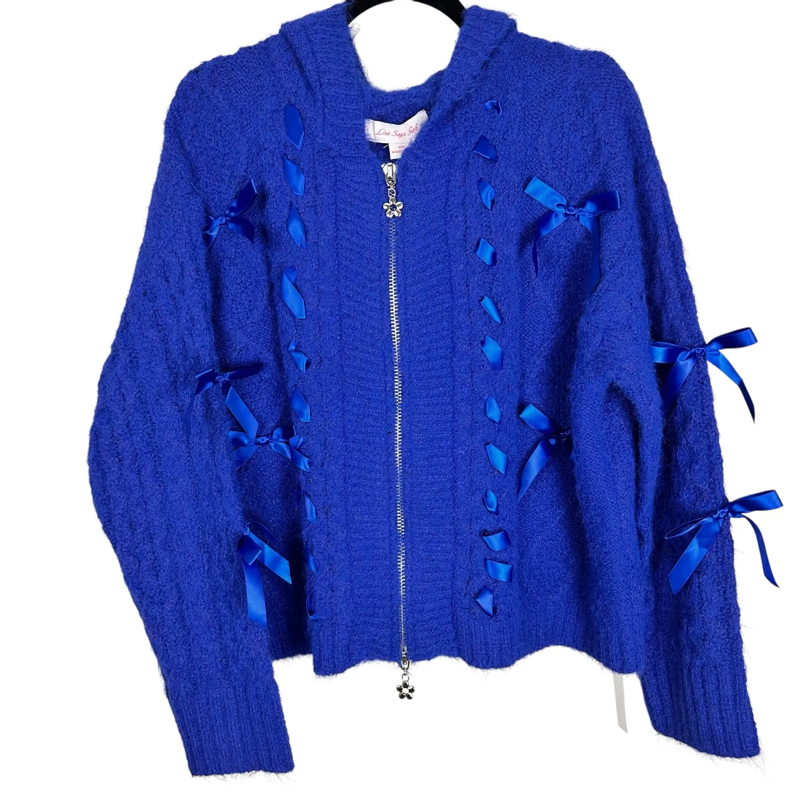 Lisa Says Gah Shelby Lace Embroidered Bow Hooded Cable Knit Zip Sweater Sz S NWT - Image 12