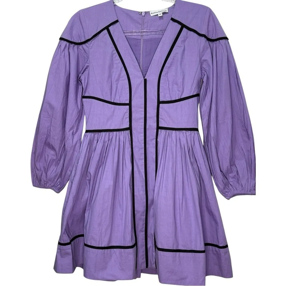 Karina Grimaldi Lavender Purple Cotton Mini Dress XS Full Skirt Puff Sleeve Rare - Image 2