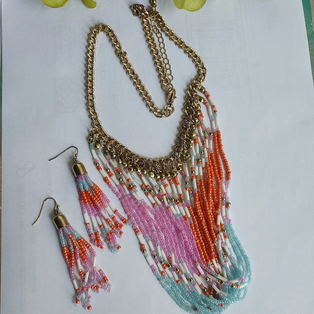 Tribal Boho Chic Seed Bead Necklace & Earrings Set Gold - Image 6