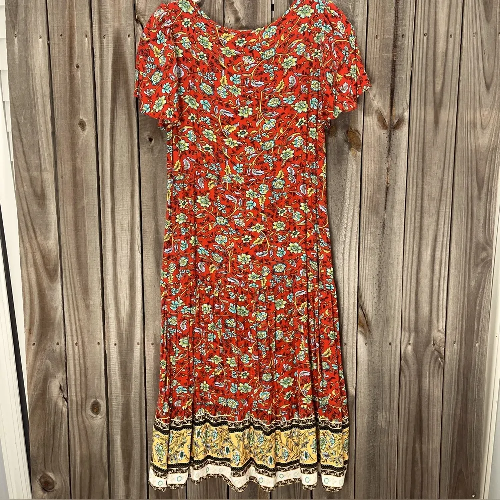 Prairie style dress small cottagecore floral print dress vneck tie waist Red - Image 3