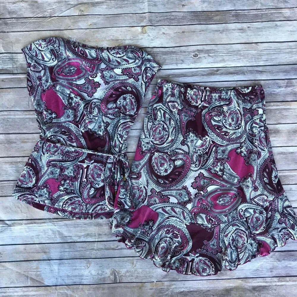 Maternite Women Outfit S Paisley Cowl Neck Top Ruffle Shark Bite Skirt Maternity Size undefined - Image 3