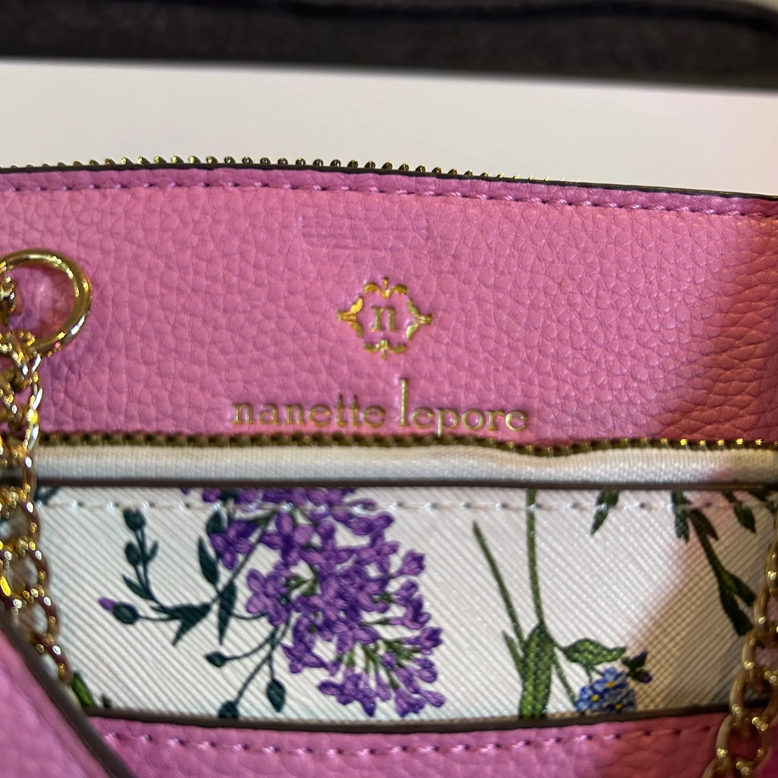 Nanette Lepore Pink Pebbled Leather Tote Bag with Floral Pouch and Chain Accent - Image 4