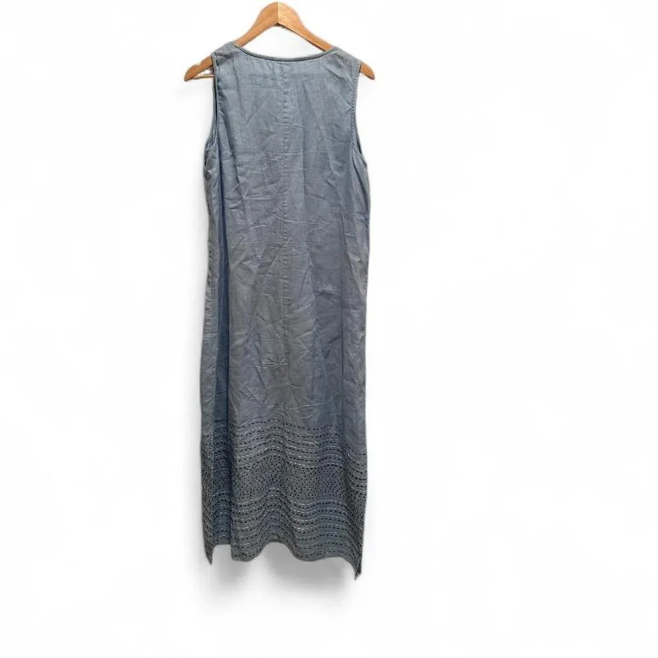 Pure J.Jill Blue Sleeveless Kantha Quilt Stitched Linen Long Dress Large Tall - Image 3