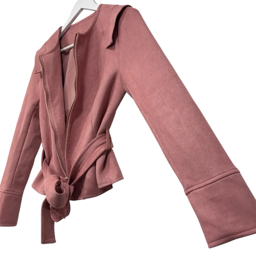 RYEGRASS Faux Suede Light Pink Cropped Moto Zip Up Blazer Jacket With Belt Sz 2 - Image 5
