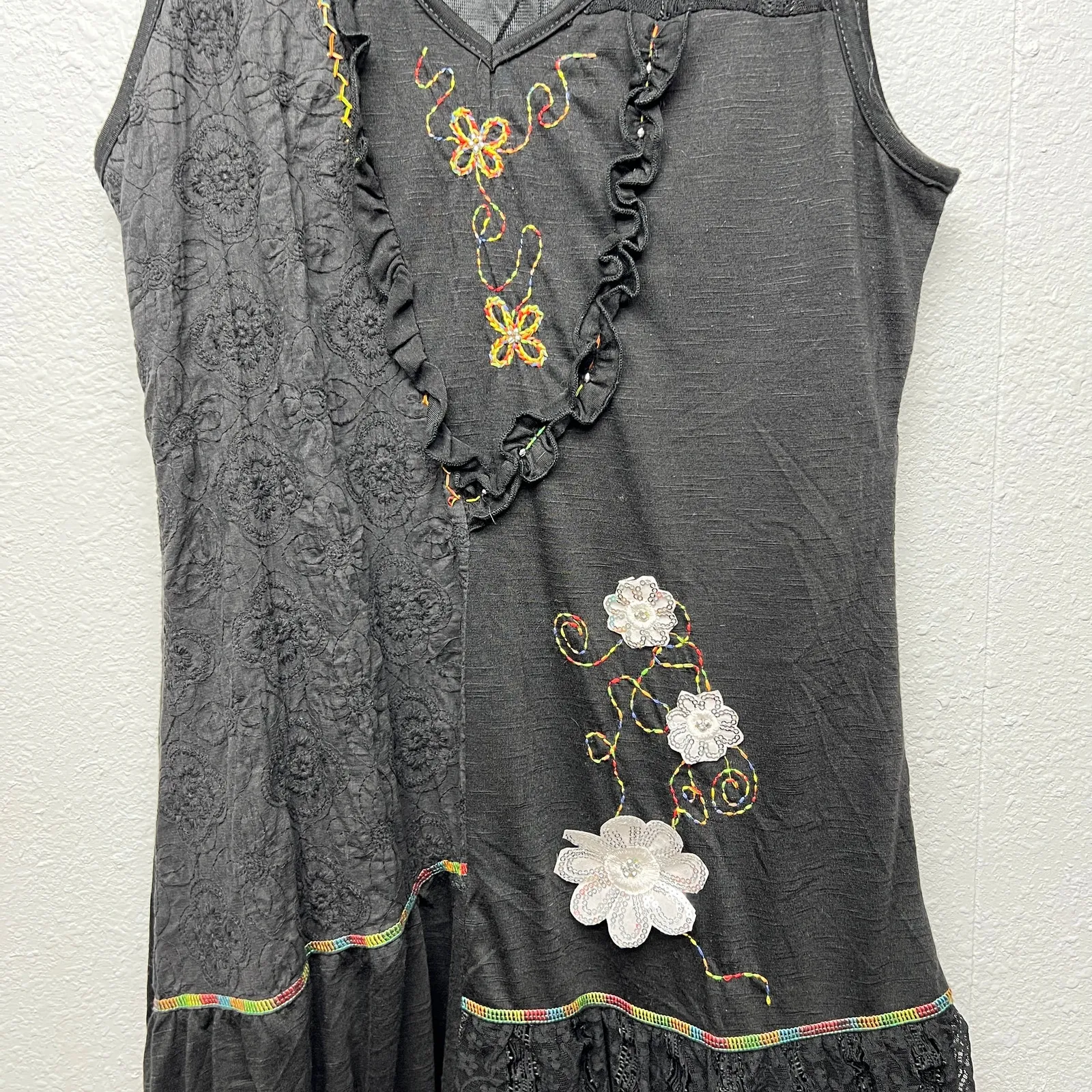 Vintage Syle Camisa Dress S/M Y2K Embroidered Whimsigoth Fairygoth 3D Floral Black - Image 4