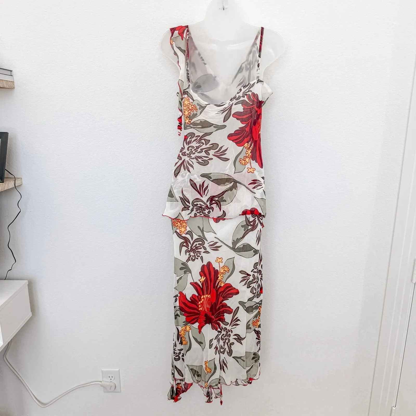 Y2K Womens Cami Skirt Set Size M White Red Floral Asymmetrical Boho‎ Euro Summer Size M - Image 6