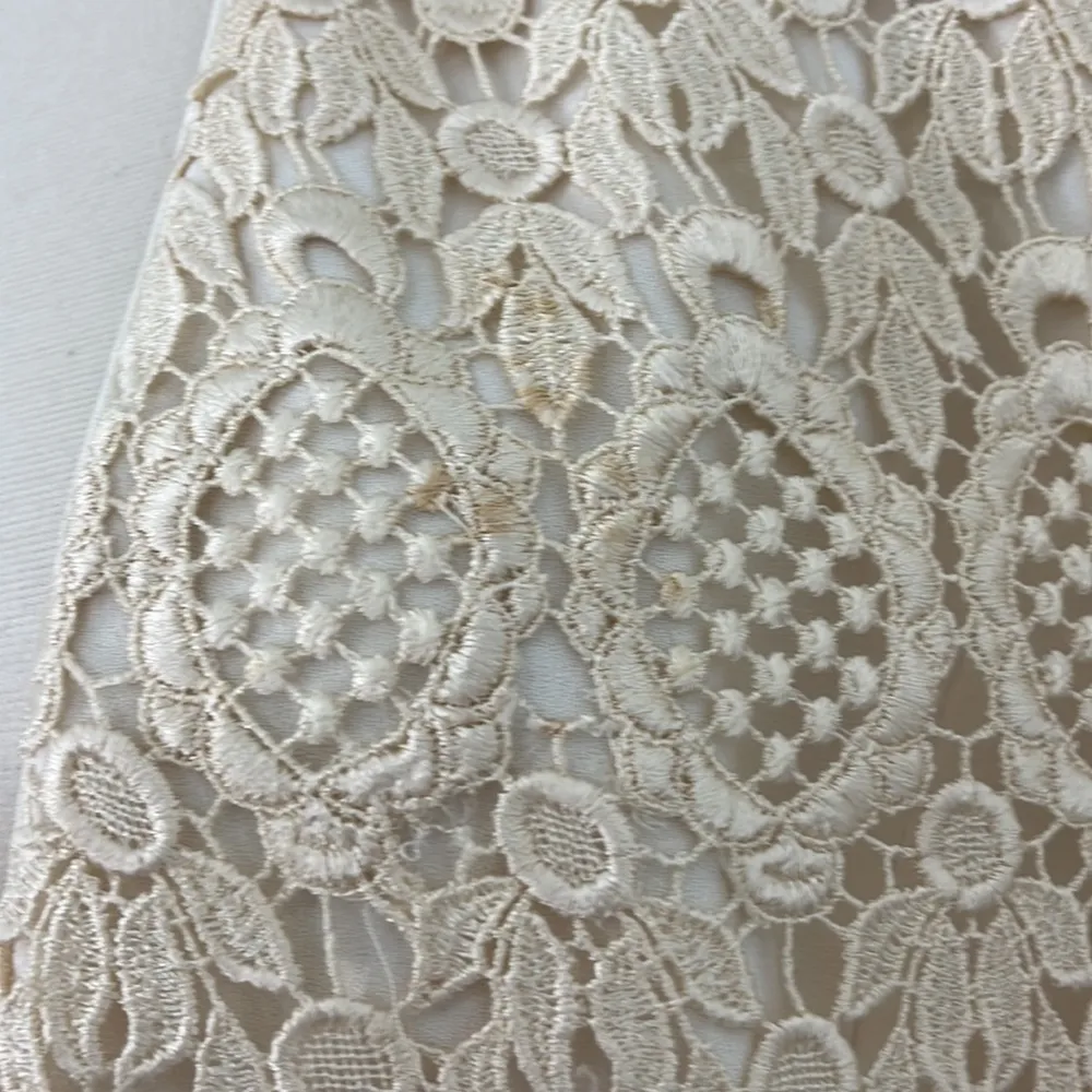 Vintage Karen Miller 80s Med Beige Cream Lace Short Sleeve Button Formal Jacket - Image 14