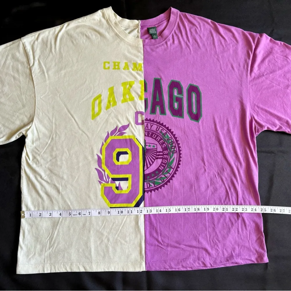 Oakland Chicago Split T Shirt Womens Medium Beige Purple Short Sleeve Baggy - Image 4
