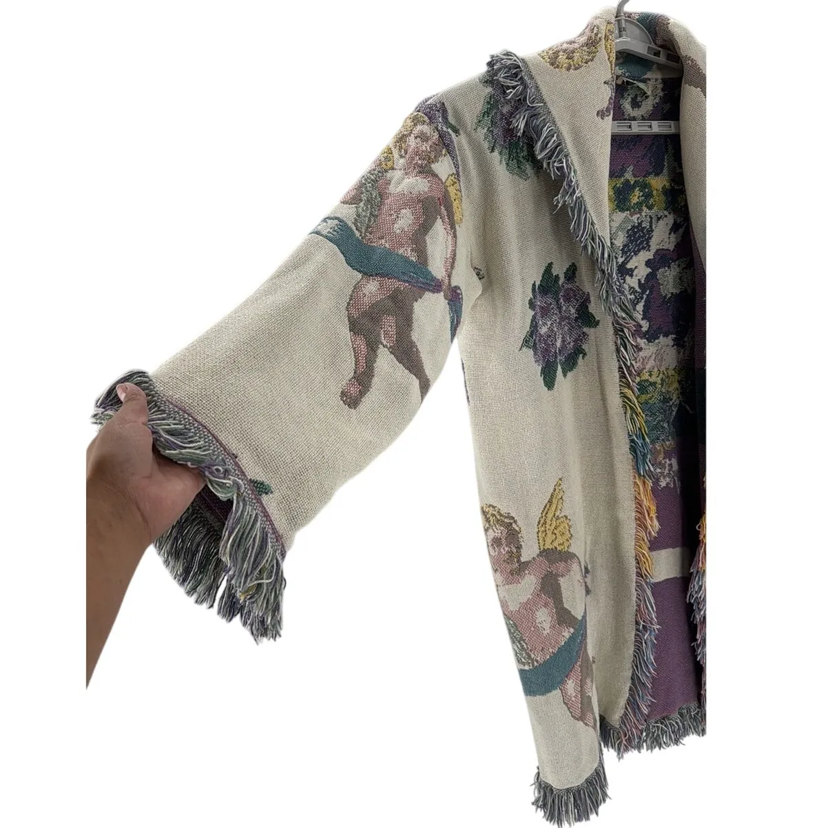 Vintage All in the Bag Coat tapestry blanket fringe 90s cherub open front size L Size L - Image 3