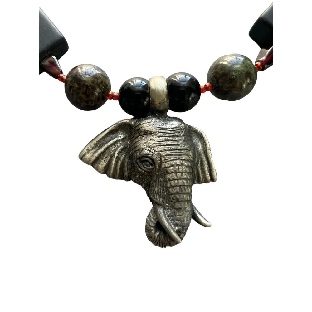 Silver Tone Elephant Pendant Necklace Matte Banded Onyx Amethyst Chips Tribal Bo - Image 2