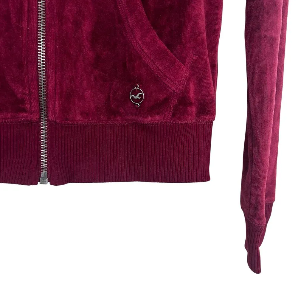 Hollister Maroon Velour Full Zip Hoodie Sz XS - Image 3